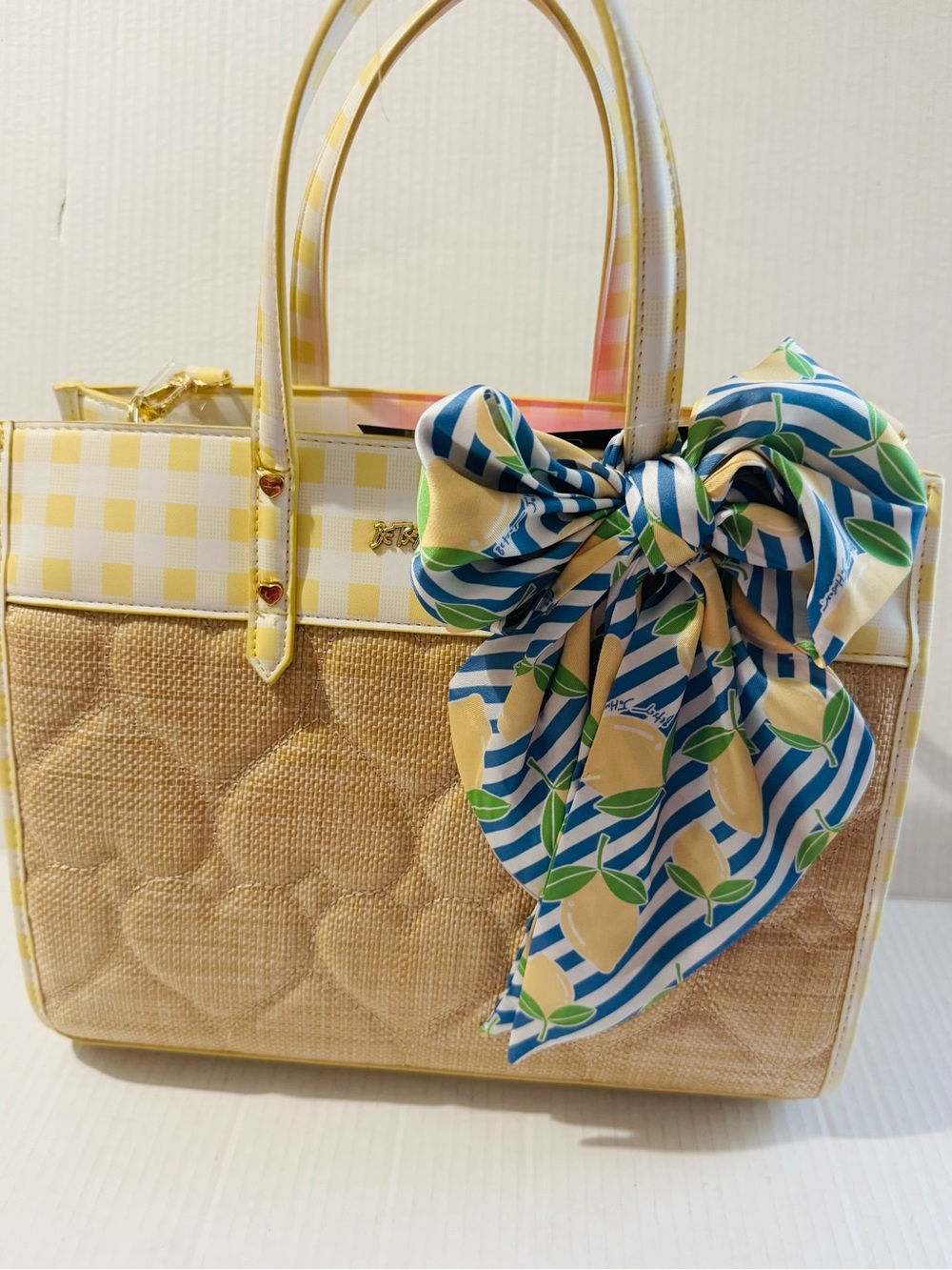 Betsey Johnson woven  Xobeca yellow multi lemon tote with scarf BNWT